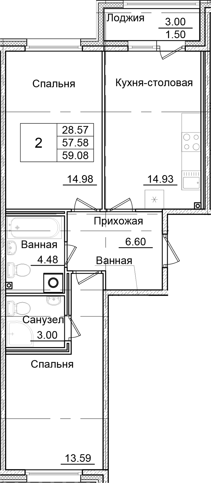 2-комнатная квартира 59.08 м², 2/9 эт., ЖК «Квартал Заречье»